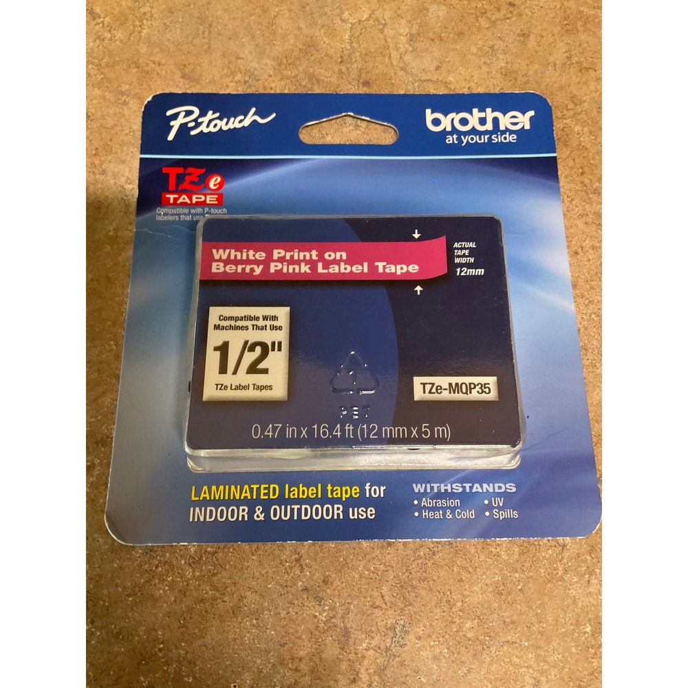 Brother P-Touch TZe-MQP35 Label Tape White on Berry Pink 1/2" 12mm Laminated